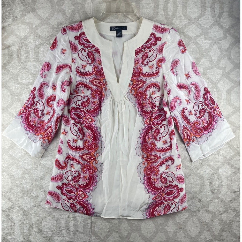 INC International Concepts Tunic Womens 8 White Pink Paisley 100% Silk Top VNeck